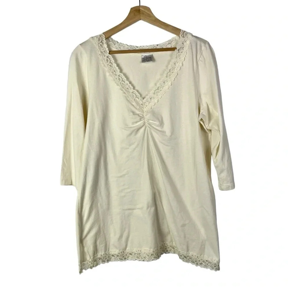 Fashion Bug Cream Y2K Lace Trim Half Sleeve Top L